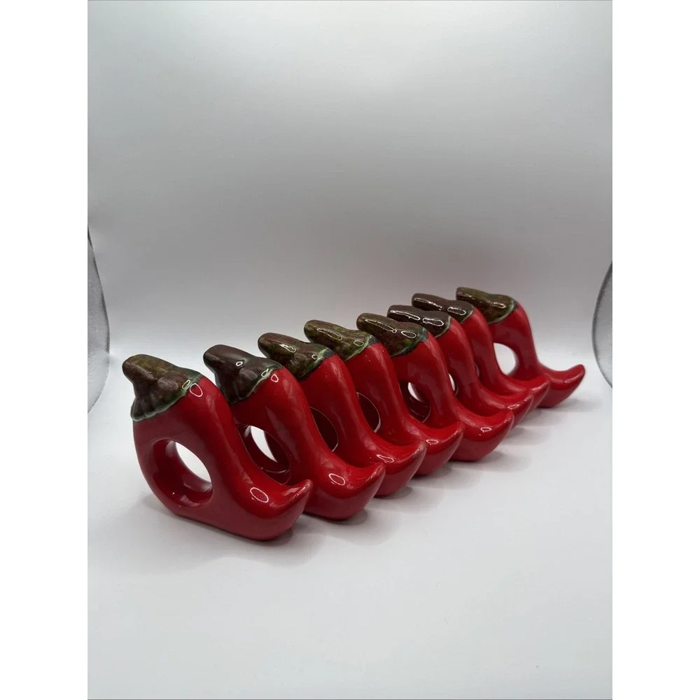 Red Chili Peppers Napkin Rings Set of 8 Ceramic Porcelain 3x3.5